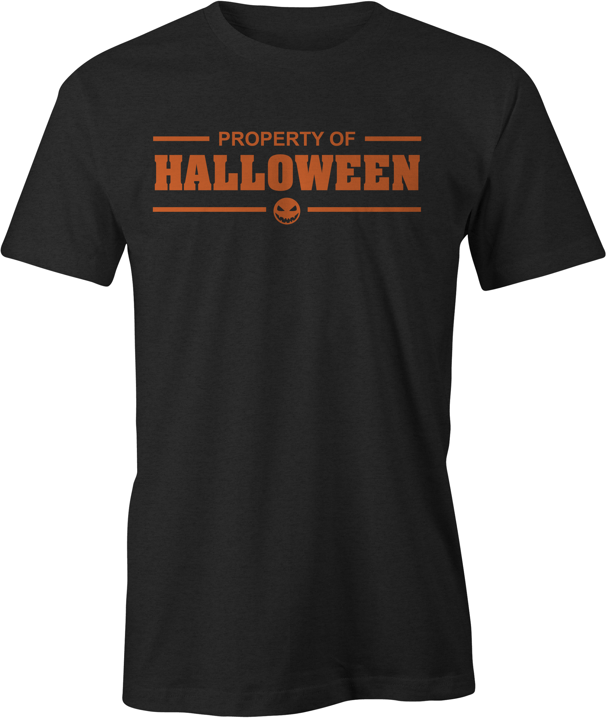 Property of Halloween t-shirt with bold orange lettering and jack-o'-lantern face