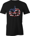 Black t-shirt with Jack O' Lantern design featuring American flag print