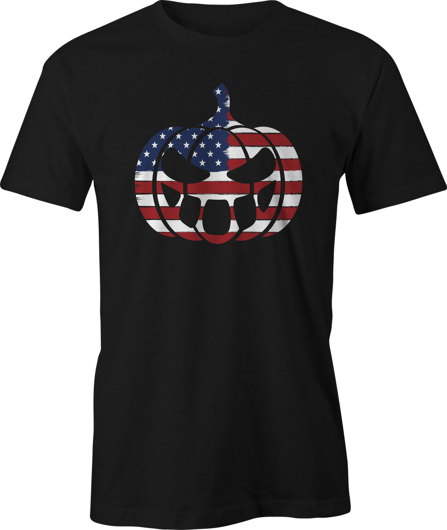 Black t-shirt with Jack O' Lantern design featuring American flag print