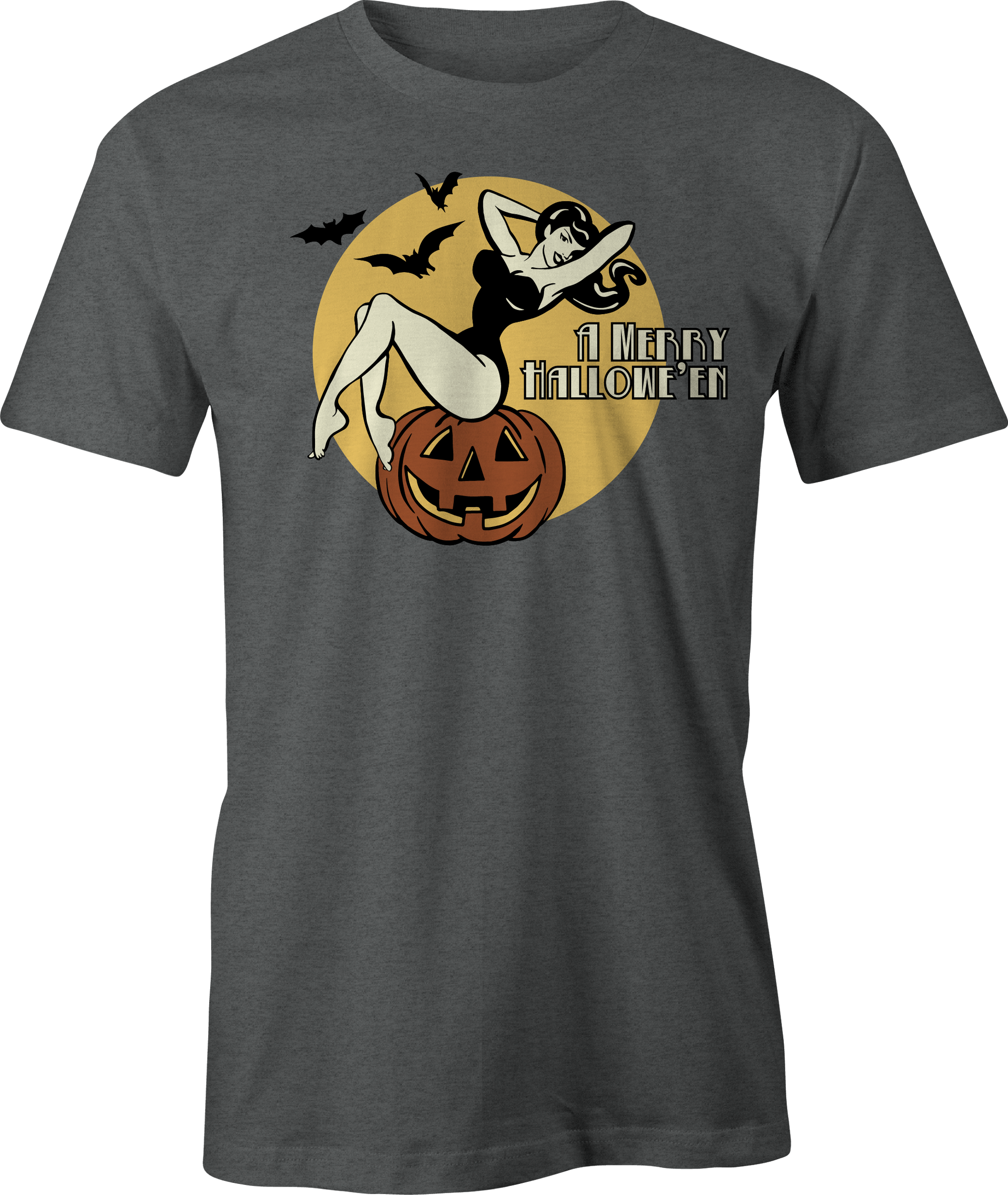 t-shirt with vintage pinup Halloween design and 'A Merry Hallowe'en' script