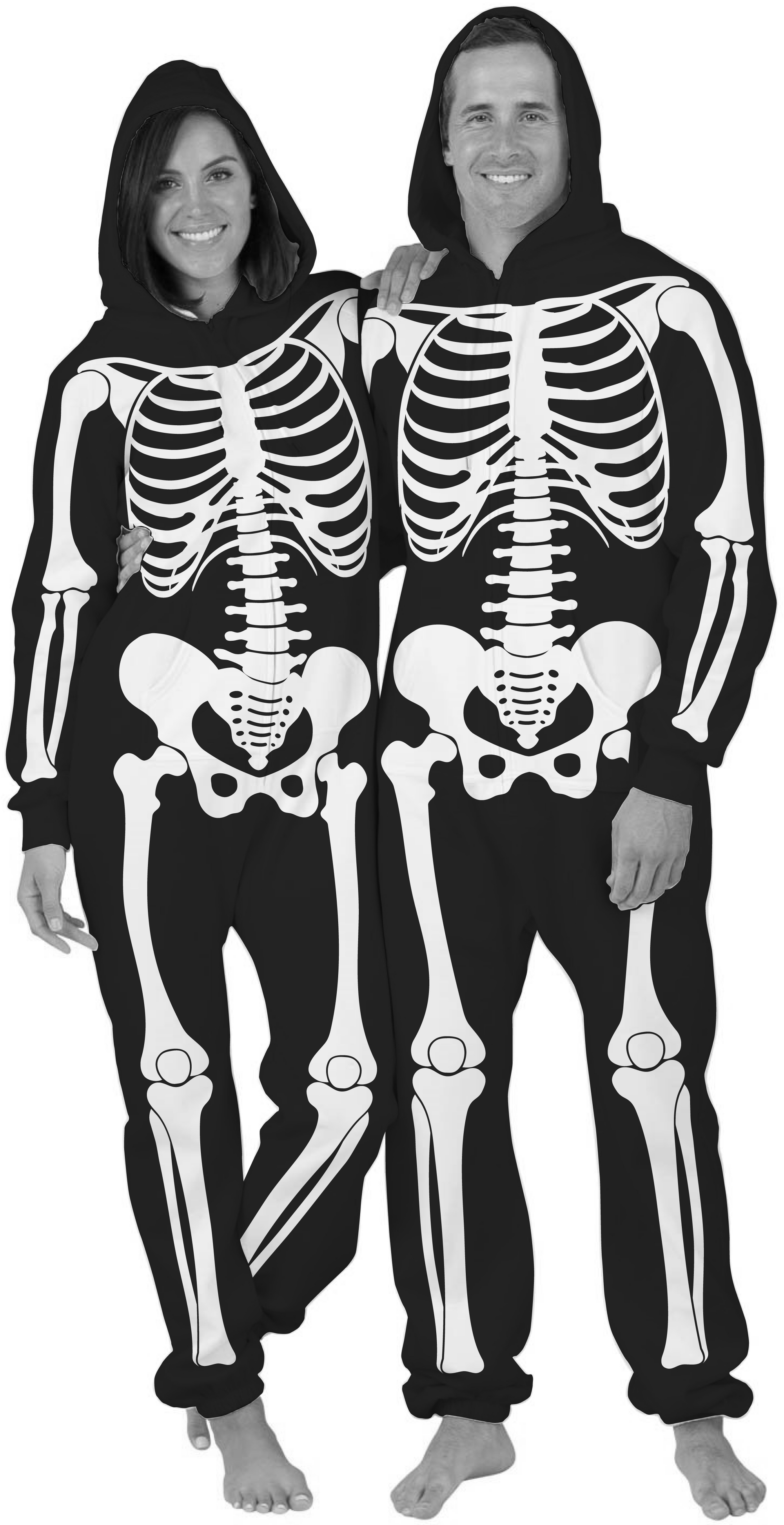 Adult and kids skeleton onesie Halloween costume with hood and full-body skeleton design white on black