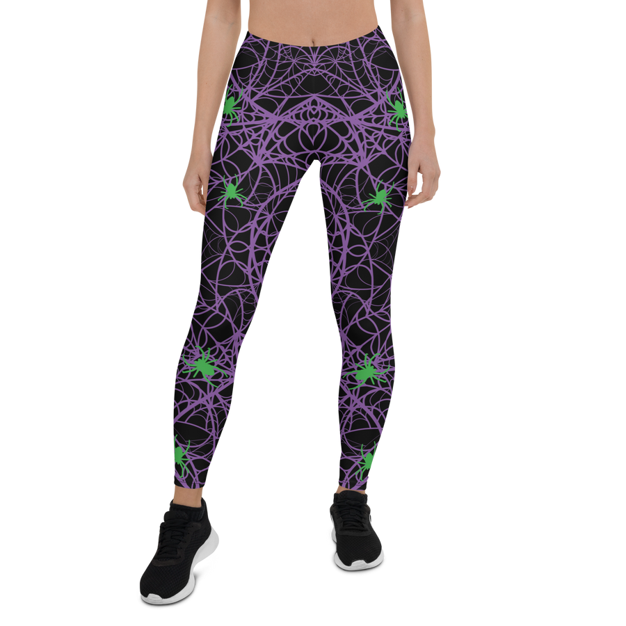 Spiders and Webs leggings with purple webs and green spiders – Halloween-themed leggings