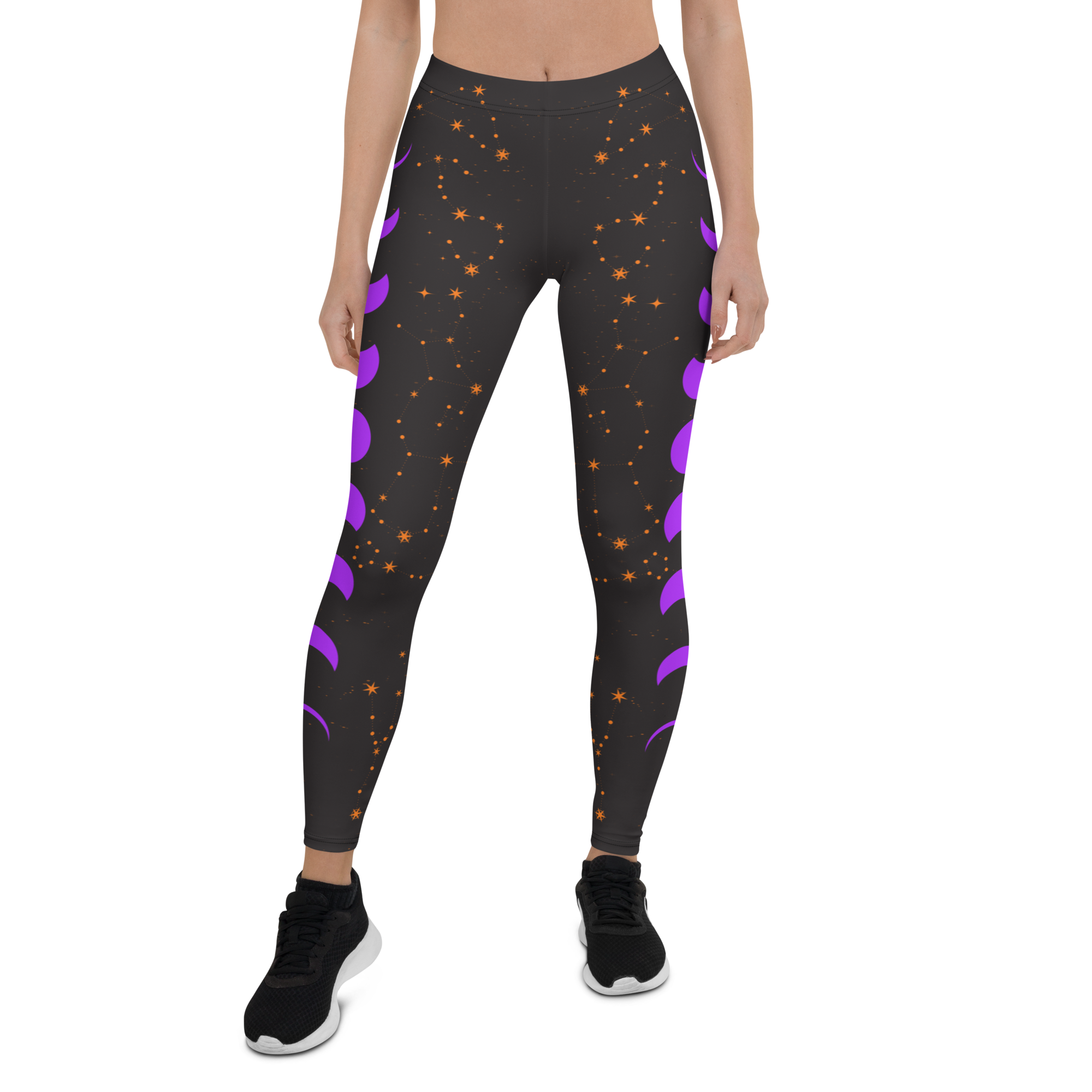 Ladies celestial leggings with orange stars and purple moon phases – cosmic design by Haunt Shirts