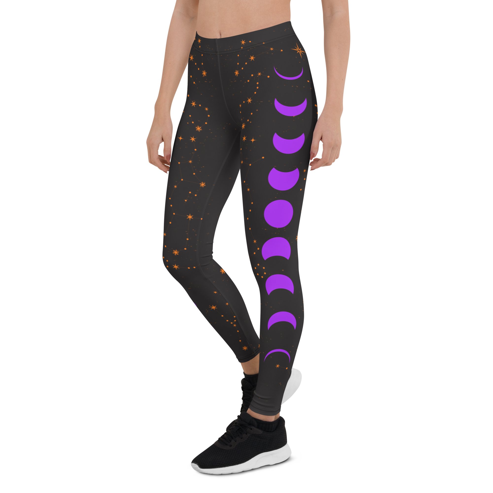 Ladies celestial leggings with orange stars and purple moon phases – cosmic design by Haunt Shirts