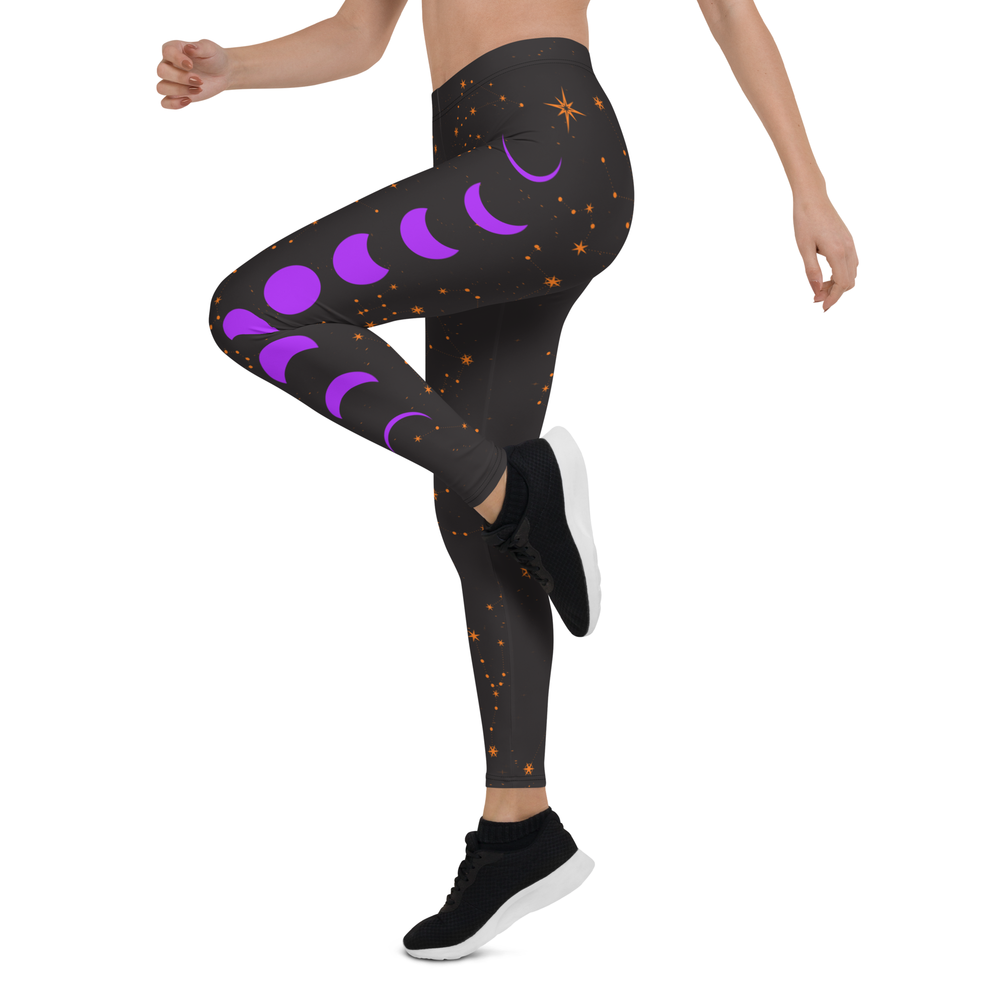Ladies celestial leggings with orange stars and purple moon phases – cosmic design by Haunt Shirts
